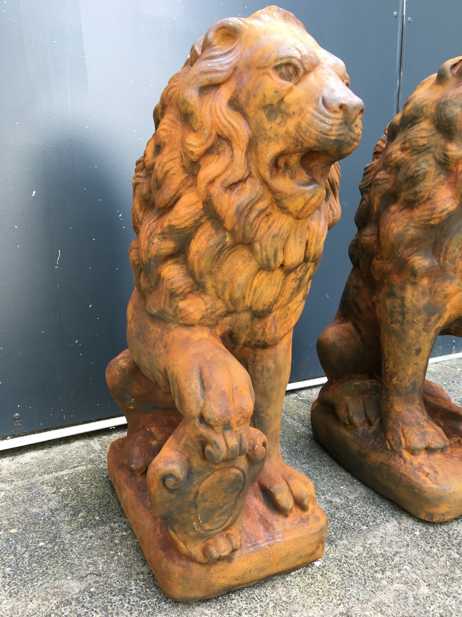 Set fors zittende leeuwen, poortwachters met schild,vol steen oxid, super mooi!!